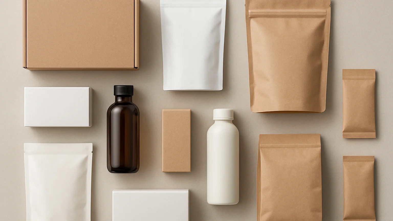 Overhead editorial view of neatly arranged product packaging on a light neutral surface, soft even studio daylight, cris