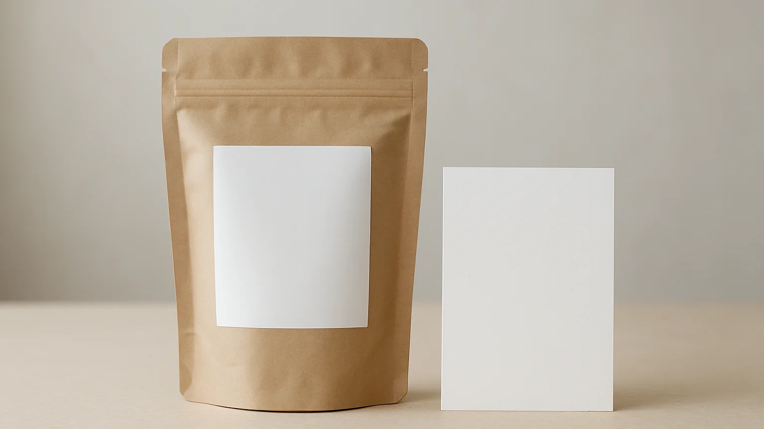 Clean studio close-up of a product package beside a plain paper card, soft daylight, natural tones, 50mm lens